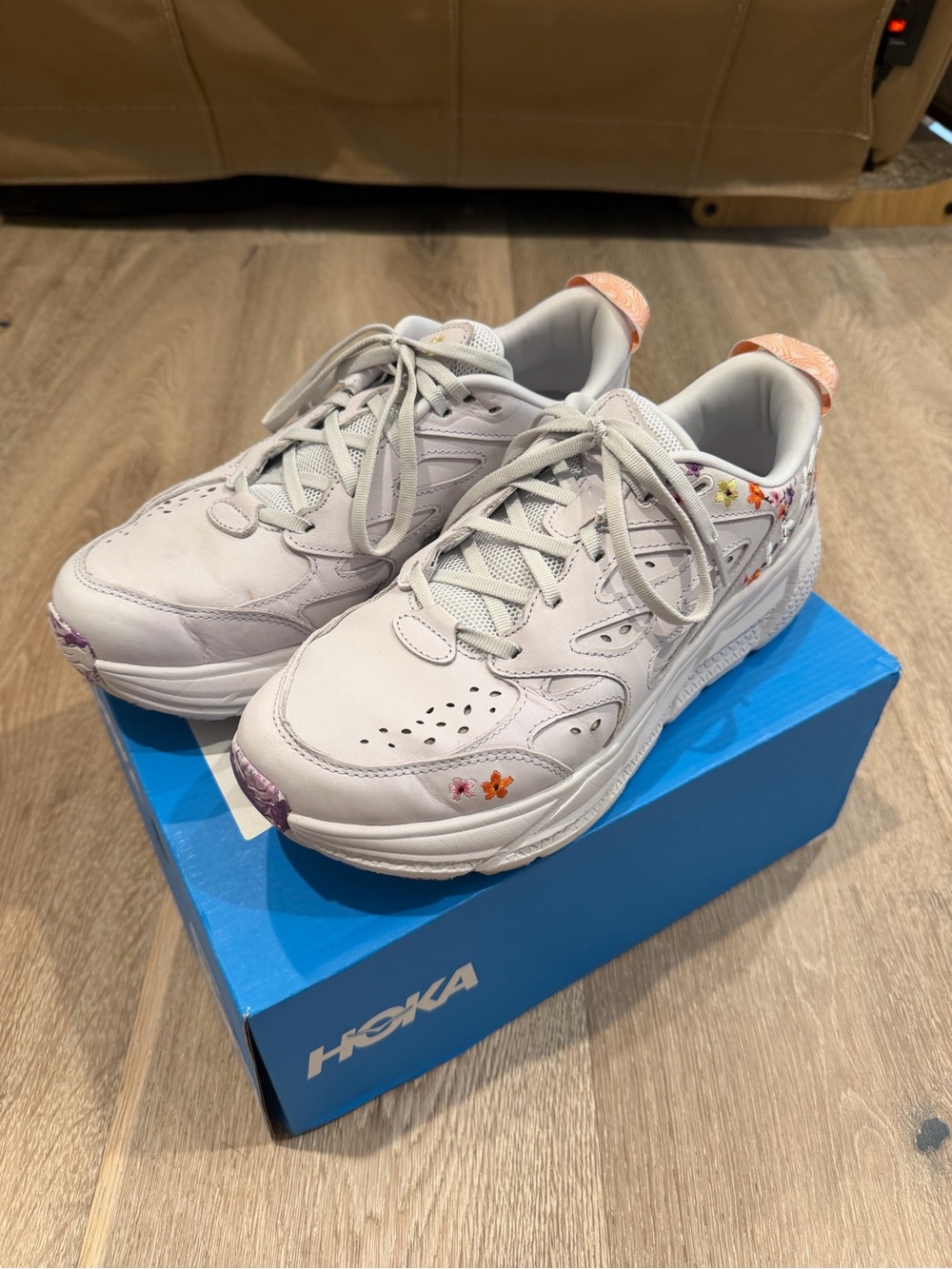 Hoka Women's White Sneakers with Pink and Purple Floral Accents